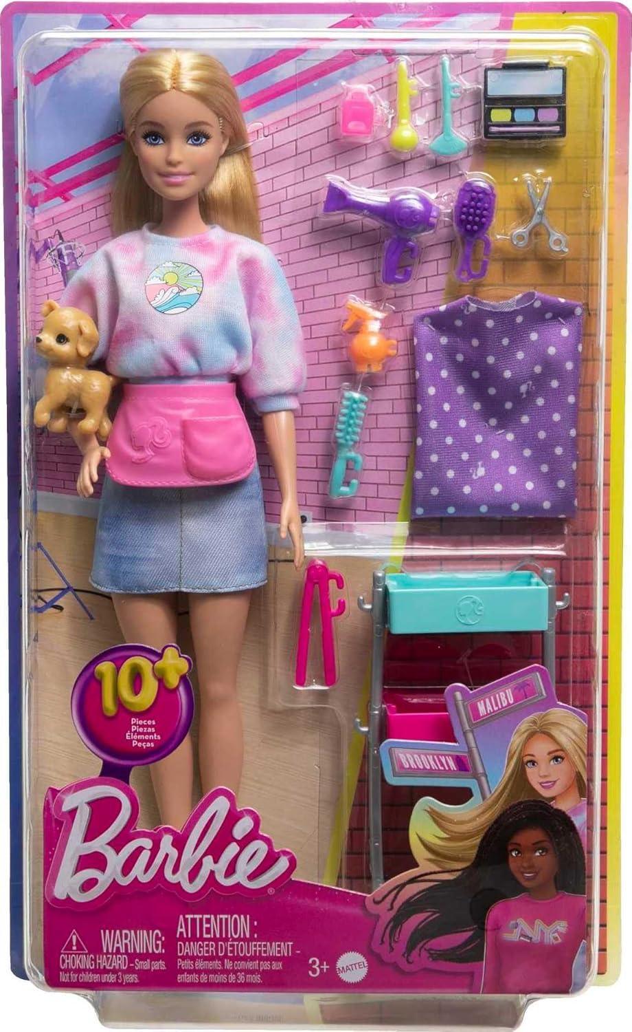 Barbie “Malibu” Stylist Doll & 14 Accessories Playset, Hair & Makeup Theme with Puppy & Styling Cart - Jaiman Toys