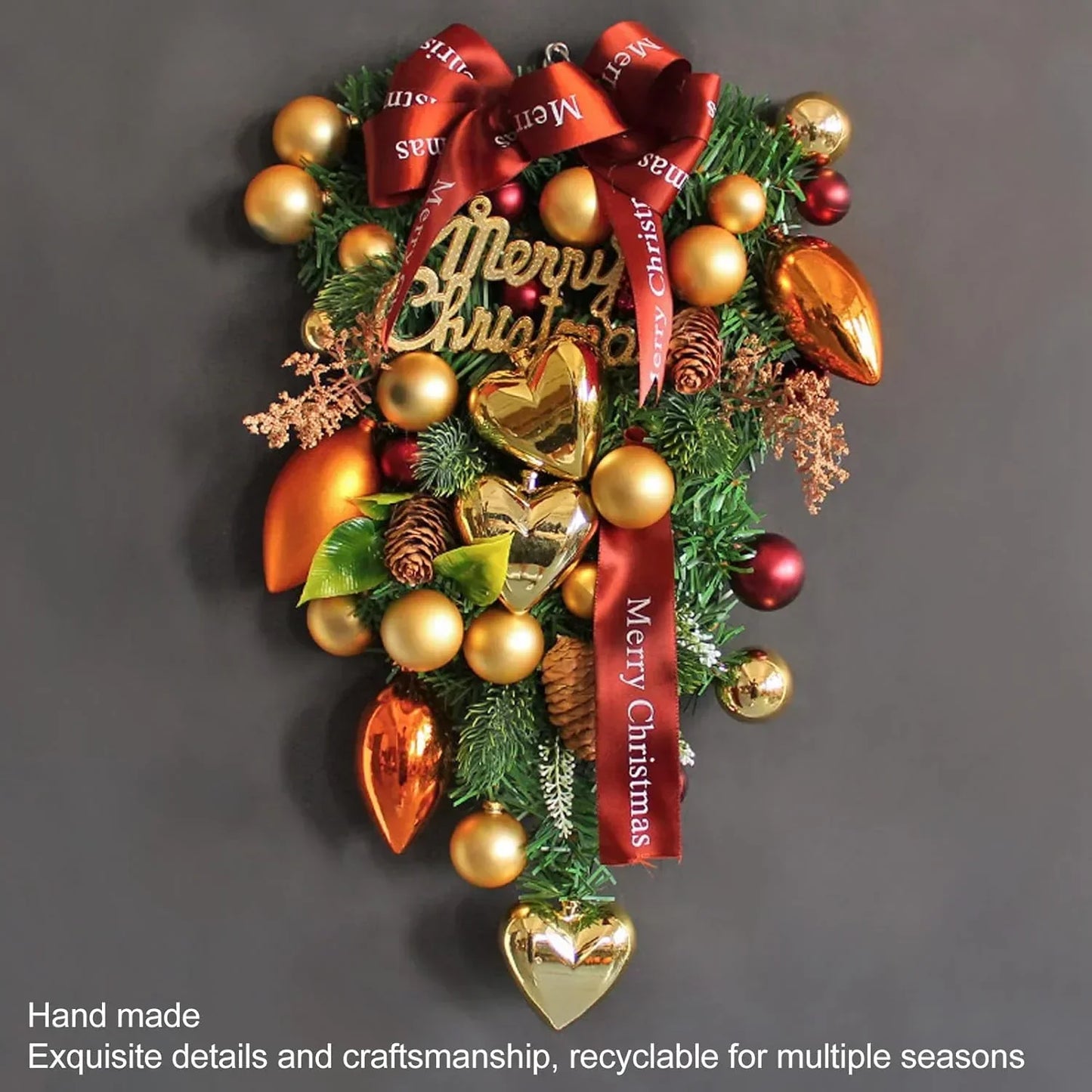 Luxury Christmas Wall Hanging Centerpiece with Golden Hearts & Ornaments | Pinecone & Bauble Decorative Arrangement – Holiday Home Décor