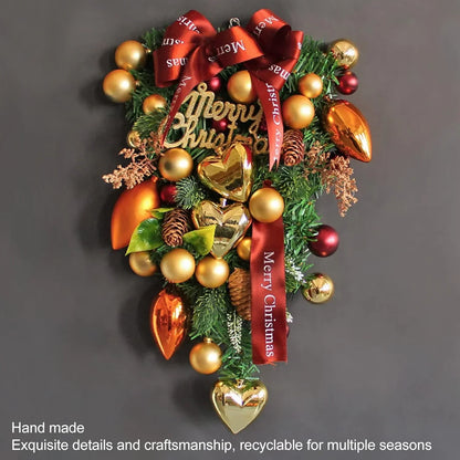 Luxury Christmas Wall Hanging Centerpiece with Golden Hearts & Ornaments | Pinecone & Bauble Decorative Arrangement – Holiday Home Décor