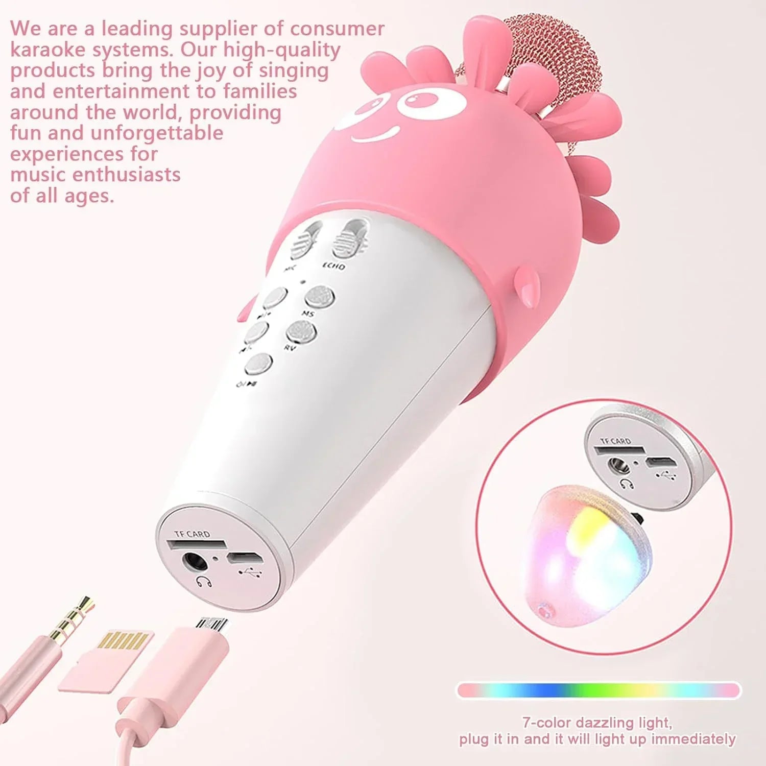Wireless Bluetooth Karaoke Microphone, Portable 4D Stereo Mircophone with LED 7 Colorful Light, Intelligent Sound Repair Mic Speaker (Pink) - Jaiman Toys