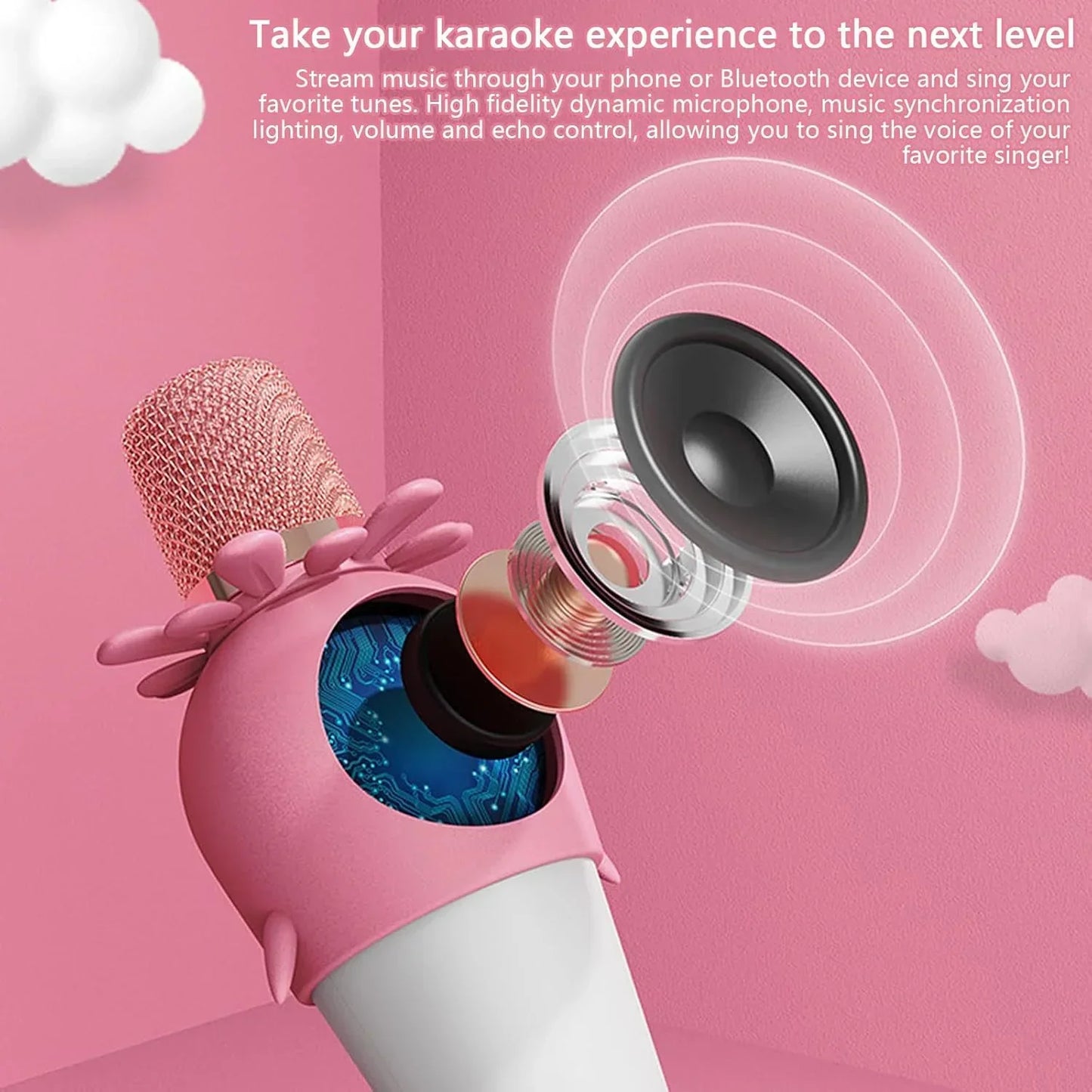 Wireless Bluetooth Karaoke Microphone, Portable 4D Stereo Mircophone with LED 7 Colorful Light, Intelligent Sound Repair Mic Speaker (Pink) - Jaiman Toys