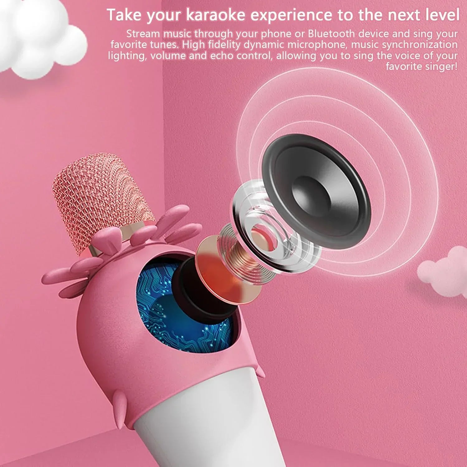 Wireless Bluetooth Karaoke Microphone, Portable 4D Stereo Mircophone with LED 7 Colorful Light, Intelligent Sound Repair Mic Speaker (Pink) - Jaiman Toys