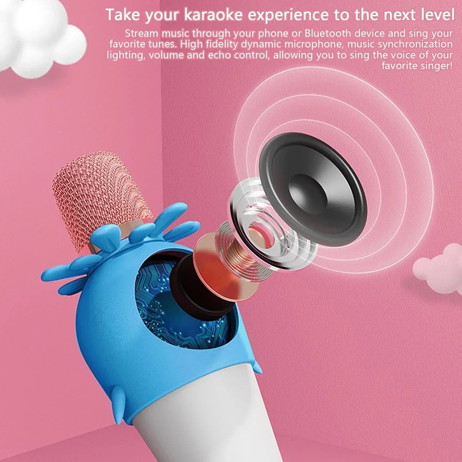 Wireless Bluetooth Karaoke Microphone, Portable 4D Stereo Mircophone with LED 7 Colorful Light, Intelligent Sound Repair Mic Speaker (Blue) - Jaiman Toys
