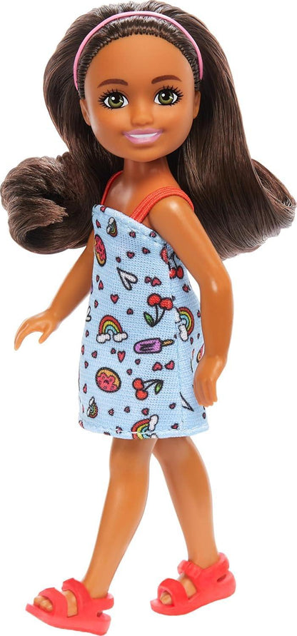 Barbie Chelsea Doll, Small Doll Wearing Removable Blue Dress with Colorful Print & Pink Shoes, Brown Hair & Green Eyes - Jaiman Toys
