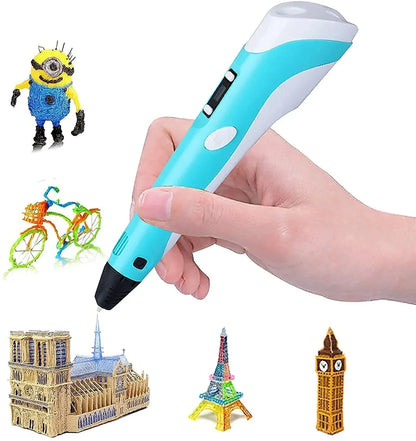 Hand holding blue 3D printing pen with colorful 3D model creations, including a bike, famous buildings, and a cartoon figure.