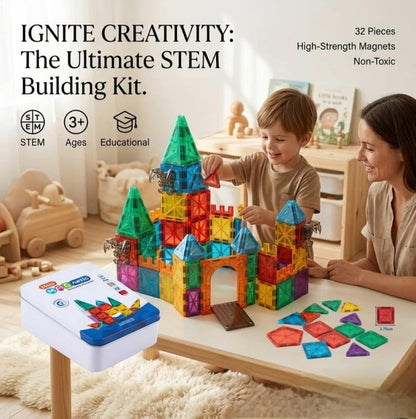 32-Piece Mini Magnetic Building Tiles Set | 3D Translucent Magnetic Construction Blocks | STEM Educational Geometry Learning Toy for Kids