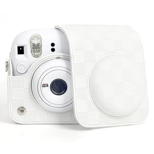 Checkmate Style – Chess Board PU Leather Camera Case for Instax Mini 12 with Adjustable Strap - Clay White - Jaiman Toys