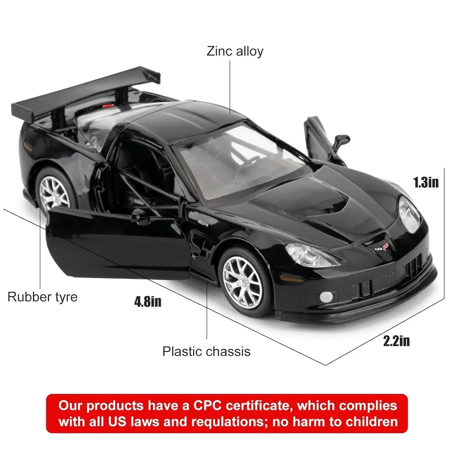 RMZ City 1:36 Chevrolet Corvette C6R Die-Cast Car | Openable Doors & Pull-Back Action | Metal Model Toy (Black / Yellow)