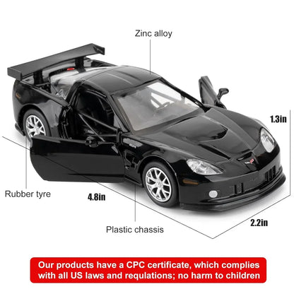 RMZ City 1:36 Chevrolet Corvette C6R Die-Cast Car | Openable Doors & Pull-Back Action | Metal Model Toy (Black / Yellow)