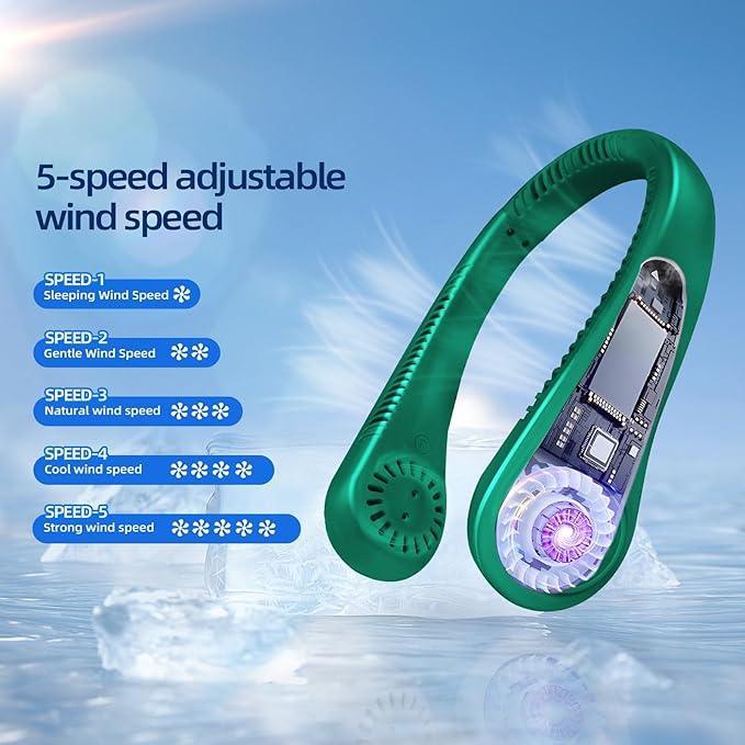 Portable Neck Fan, Personal Fan USB Rechargeable Neck Fan, 5 Speed Hanging Bladeless Fan with Monitor (Green) - Jaiman Toys