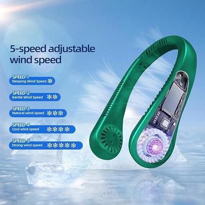 Portable Neck Fan, Personal Fan USB Rechargeable Neck Fan, 5 Speed Hanging Bladeless Fan with Monitor (Green) - Jaiman Toys