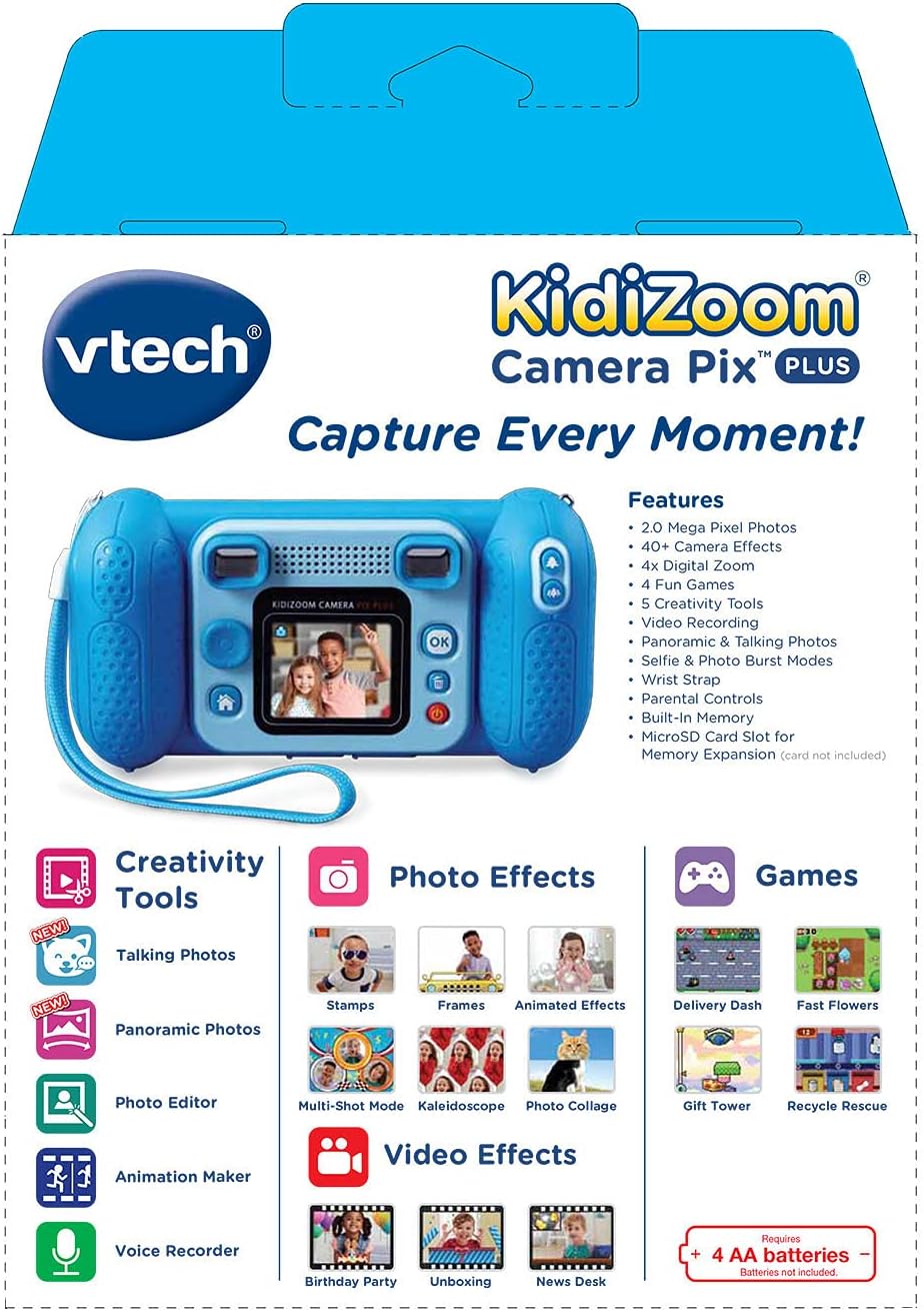 VTech KidiZoom Camera Pix Plus, Blue | Kids Digital Camera with 4X Digital Zoom, Selfie Mode, HD Photos & Videos, Voice Recorder, Games & Expandable Memory