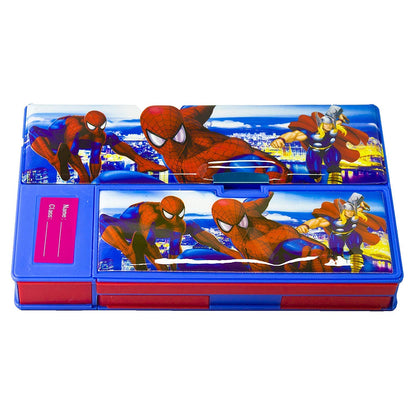 Marvel Spider-Man Kids Pencil Box with Calculator & Dual Sharpener | Large Capacity Multifunction Stationery Organizer | Blue