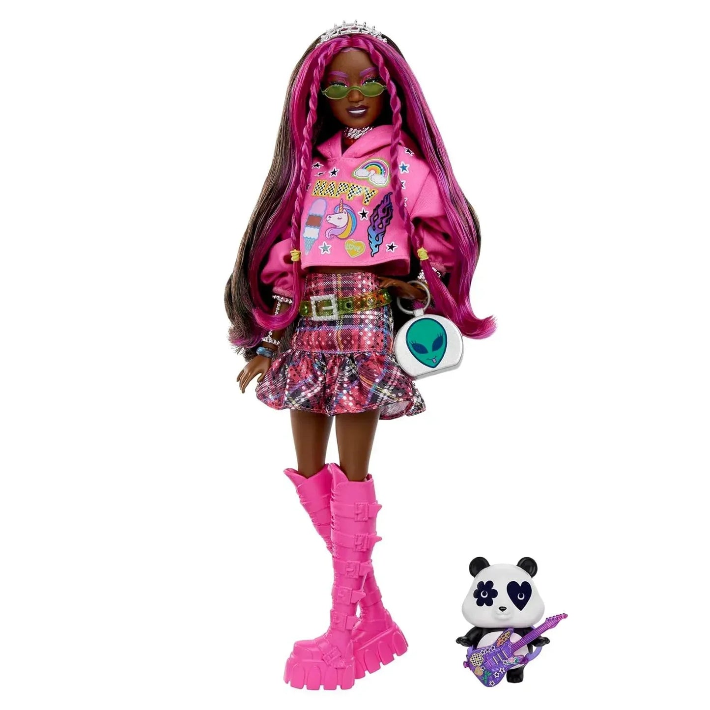 Barbie® Doll with Pet Panda, Extra, Kids Toys, Clothes and Accessories, Pink-Streaked Brunette Hair, Graphic Hoodie and Plaid Skirt - Jaiman Toys