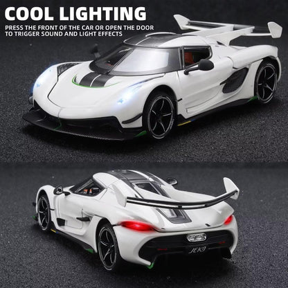 Joy Junction 1:24 Koenig Smoke White Scale Die-Cast Hypercar Model with Sound & Light – Pull Back Metal Sports Car Toy