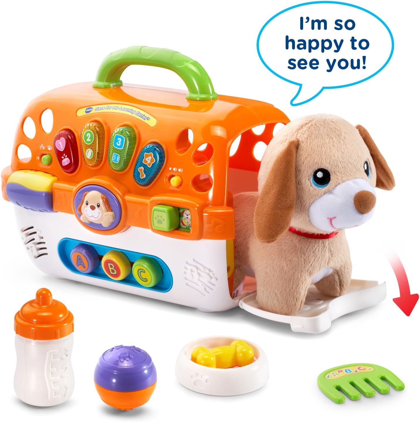 VTech Care for Me Learning Carrier Toy | Interactive Plush Puppy Pet Carrier with Accessories, Sounds, Music & Early Learning for Toddlers