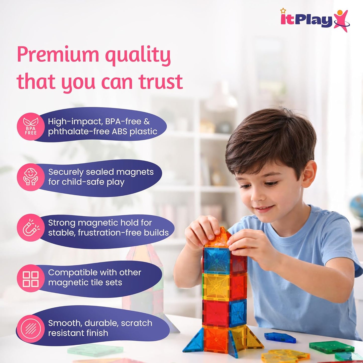 ItPlay Magnetic Tiles 68 Pieces Set for Kids | STEM Educational Magnetic Building Blocks Construction Toy