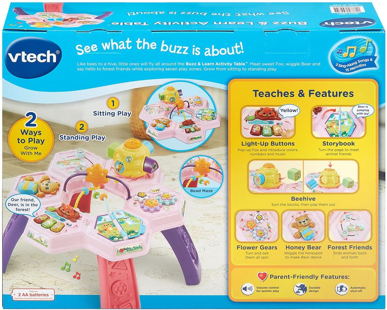 VTech Buzz and Learn Activity Table | Interactive Learning Activity Center with 7 Play Zones, Lights, Sounds & Music | Pink