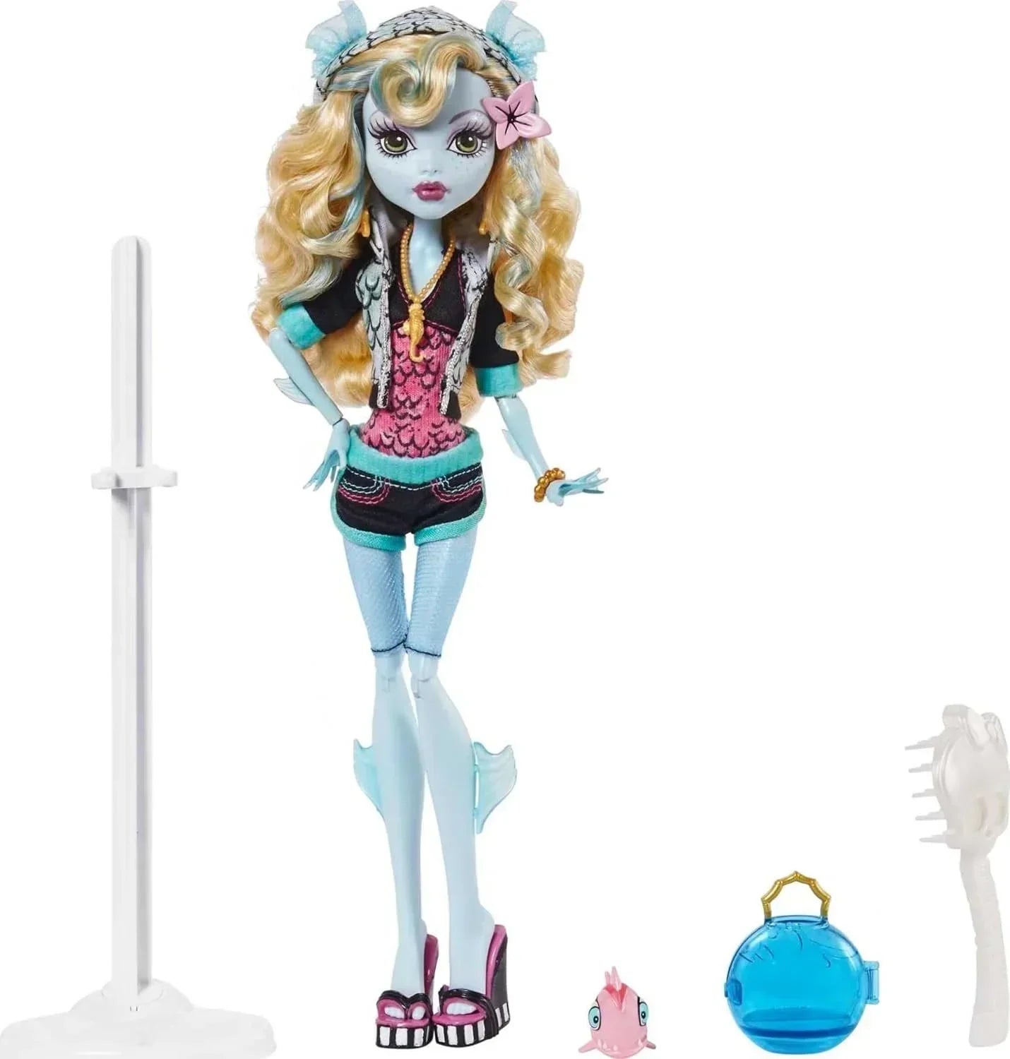 Monster High Lagoona Blue Reproduction Doll (10.5 in) Wearing Original Fashion &amp; Shoes, with Pet, Doll Stand &amp; Accessories, Gift for Collectors - Jaiman Toys
