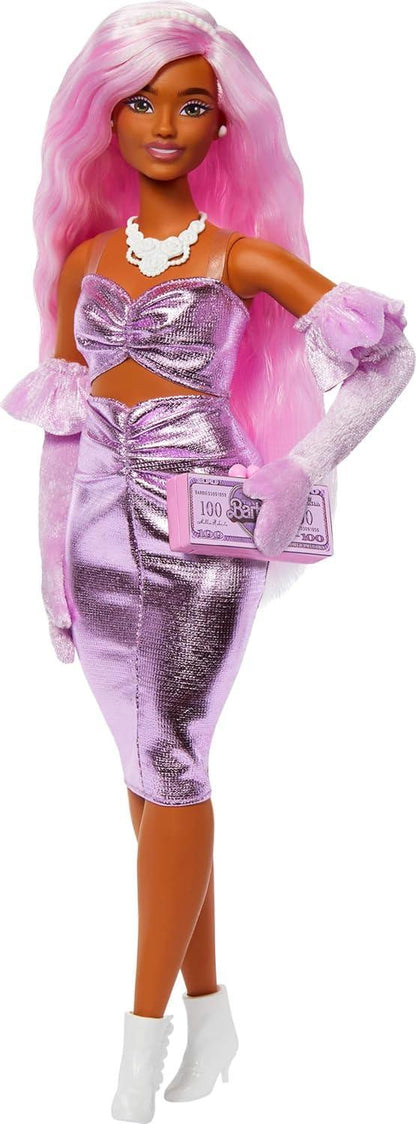 Barbie Deluxe Style Doll #1 in Barbiecore Outfit, Pink Hair and Glossy Pink Dress with Accessories Like Velvet Gloves, Money Purse, and More - Jaiman Toys