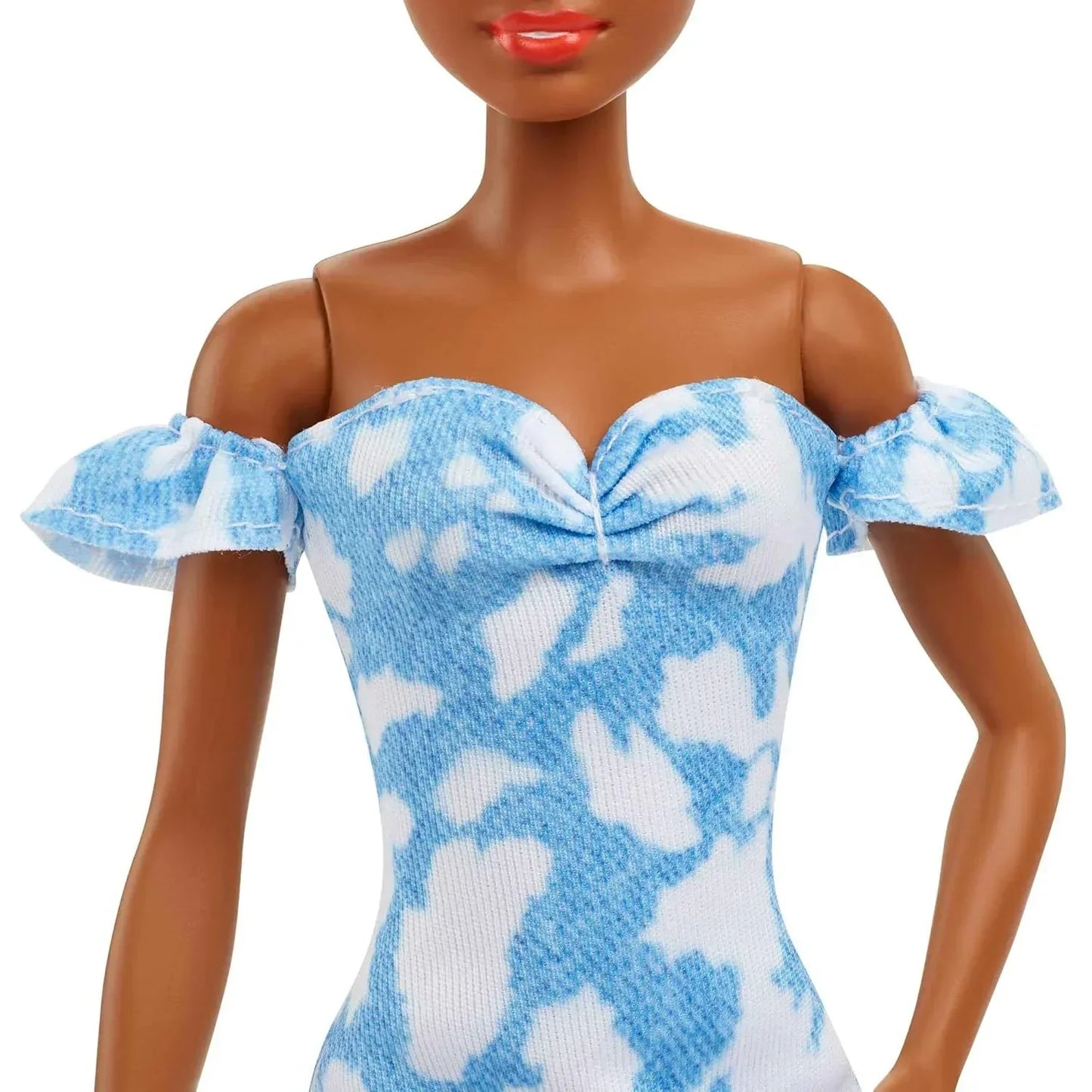 Barbie Fashionistas Doll #185, Black Up-do Hair, Off-shoulder Bleached Denim Dress, Orange Bandana, White Boots, Toy for Kids Ages 3 and Up - Jaiman Toys