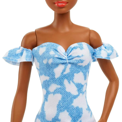 Barbie Fashionistas Doll #185, Black Up-do Hair, Off-shoulder Bleached Denim Dress, Orange Bandana, White Boots, Toy for Kids Ages 3 and Up - Jaiman Toys
