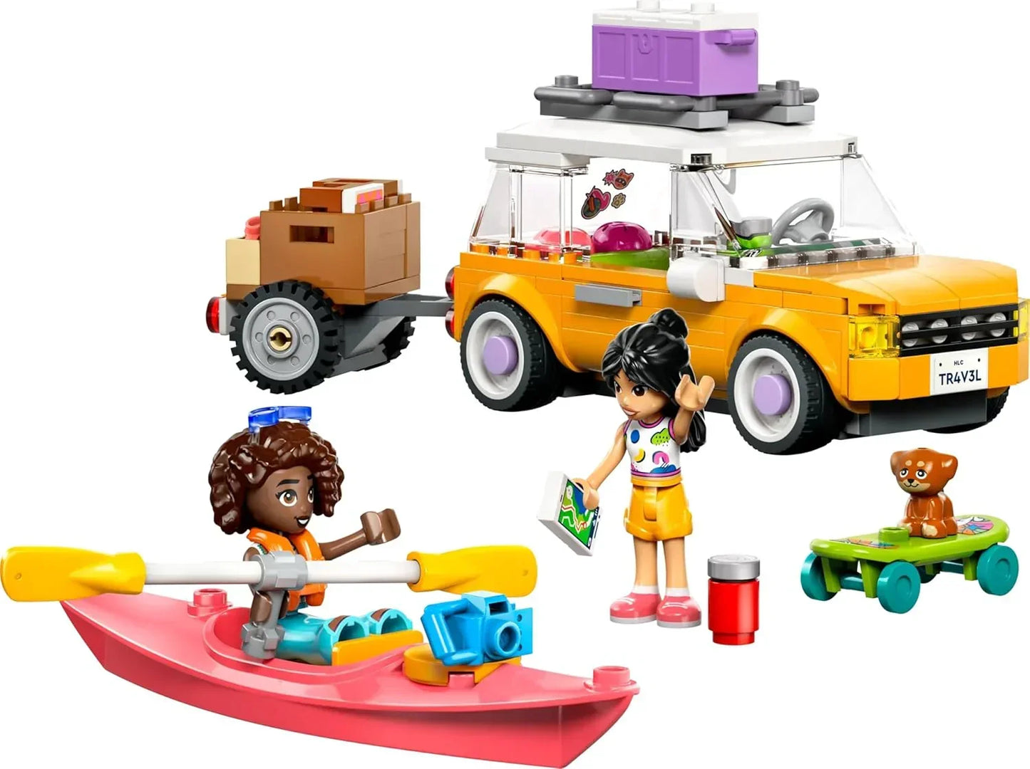 LEGO Friends 42659 Friendship Road-Trip Travel Car Toy with Trailer, 2 Mini Dolls, a Pet Dog Figure, Kayak & Fun Accessories incl. a Skateboard & Roller Skates - Building Set for 6+ Year Old Girls