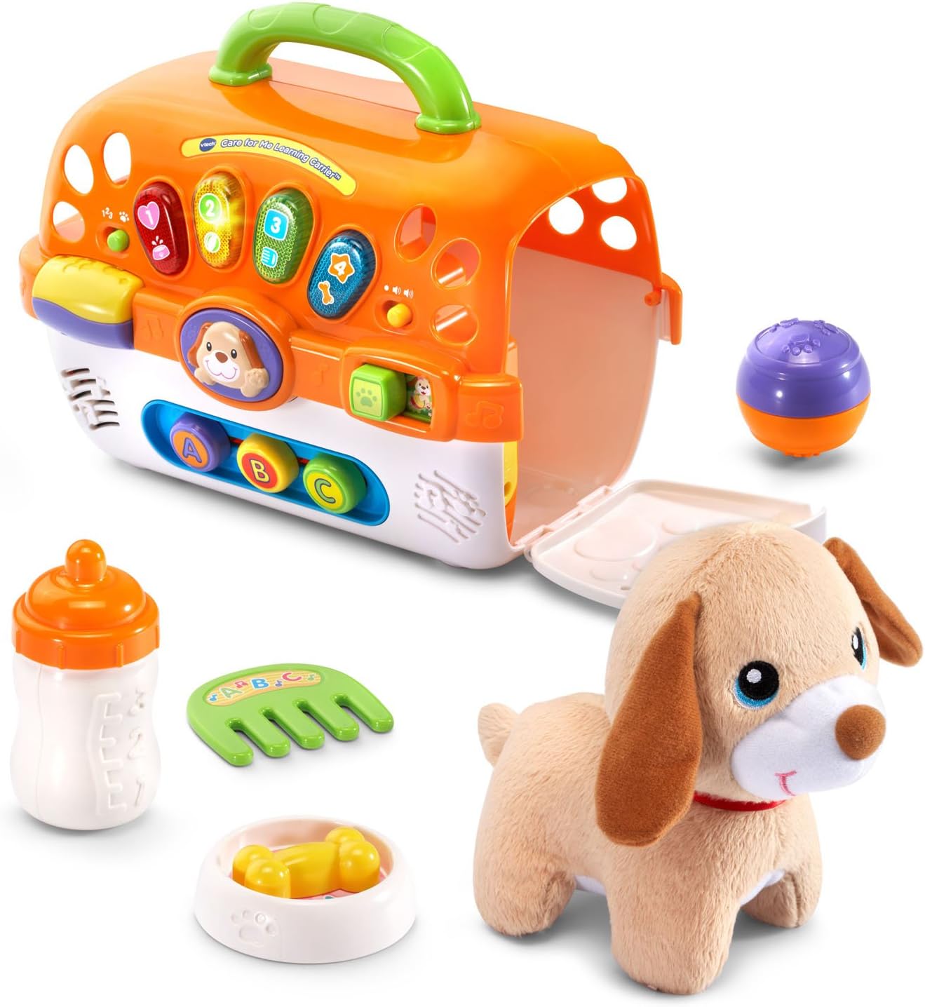 VTech Care for Me Learning Carrier Interactive Pet Care Playset with Plush Puppy, Lights, Sounds & Learning Activities | Orange