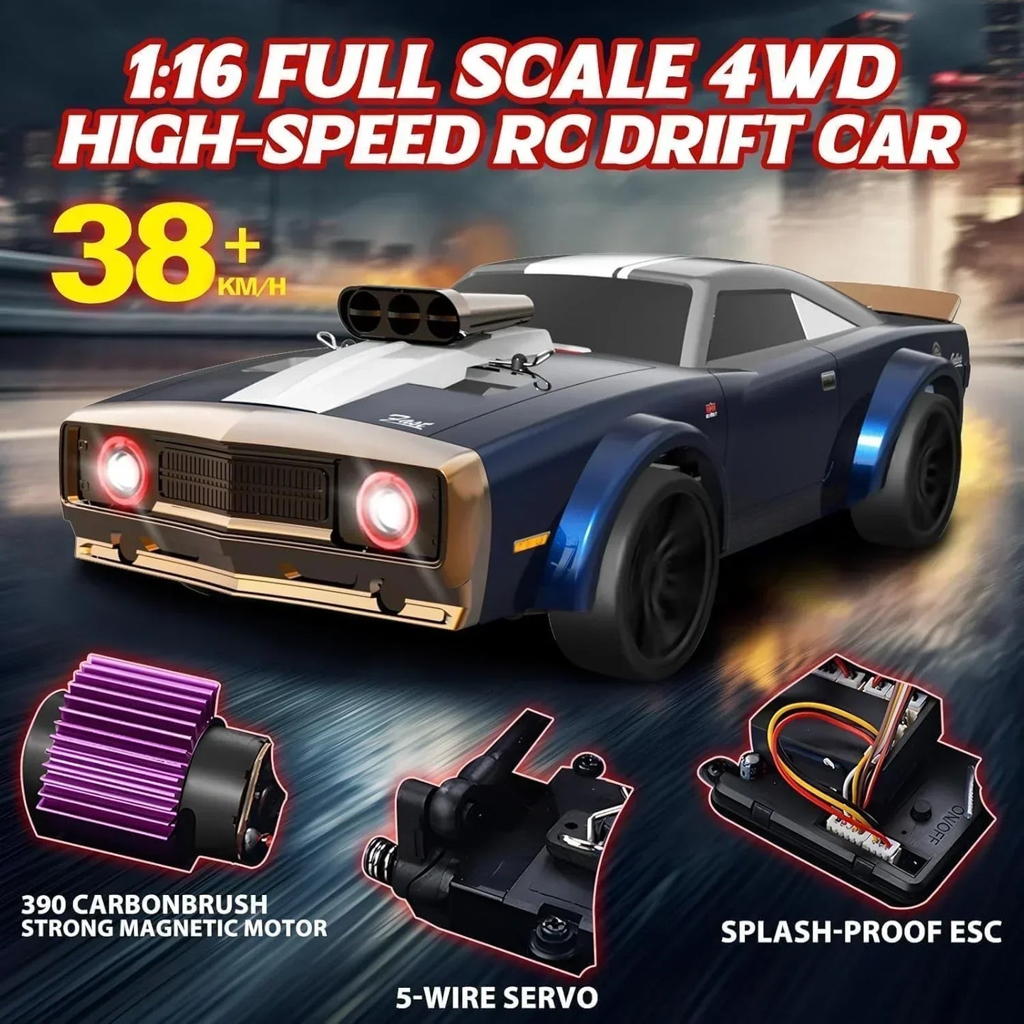 SCY 16303 Hurricane RC Car – 4WD 1/16 Scale High-Speed Drift Racing Car (Blue) | Up to 50 km/h | Electric Remote Control Off-Road Vehicle for Kids & Hobbyists
