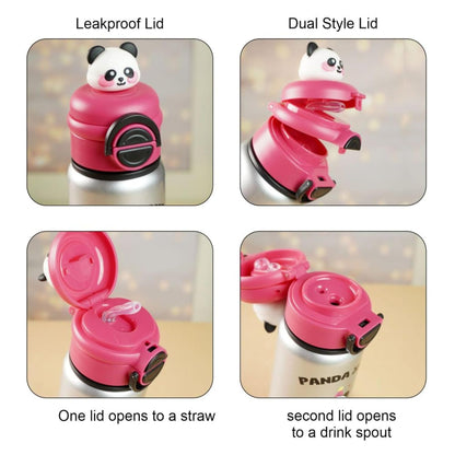 Panda Kids Water Bottle 500ML with Straw Lid – Leakproof Cartoon School Water Bottle for Children (Silver)
