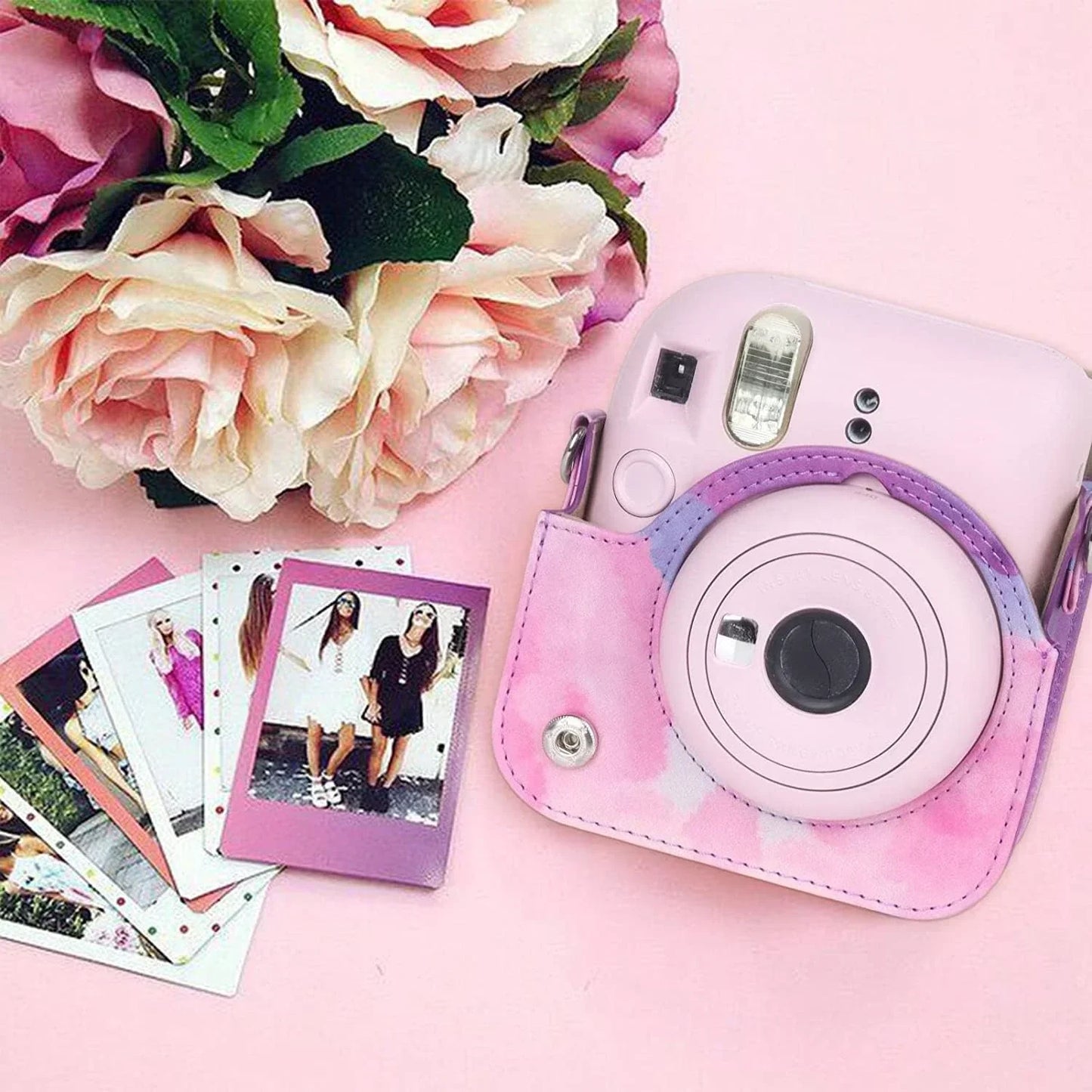 Pink Painting Charm – Rainproof PU Leather Case for Instax Mini 12 with Adjustable Strap - Jaiman Toys