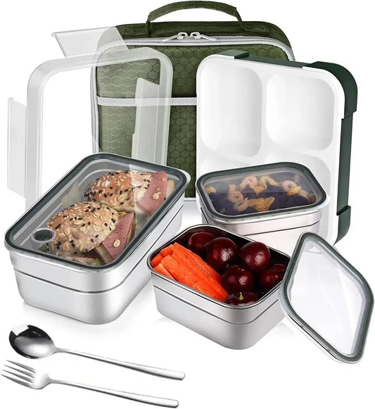 Stainless Steel Kids Lunch Box - Insulated Bento with Tableware & Bag, 4 ompartments, Leakproof, BPA-Free, Dishwasher Safe - Green - Jaiman Toys