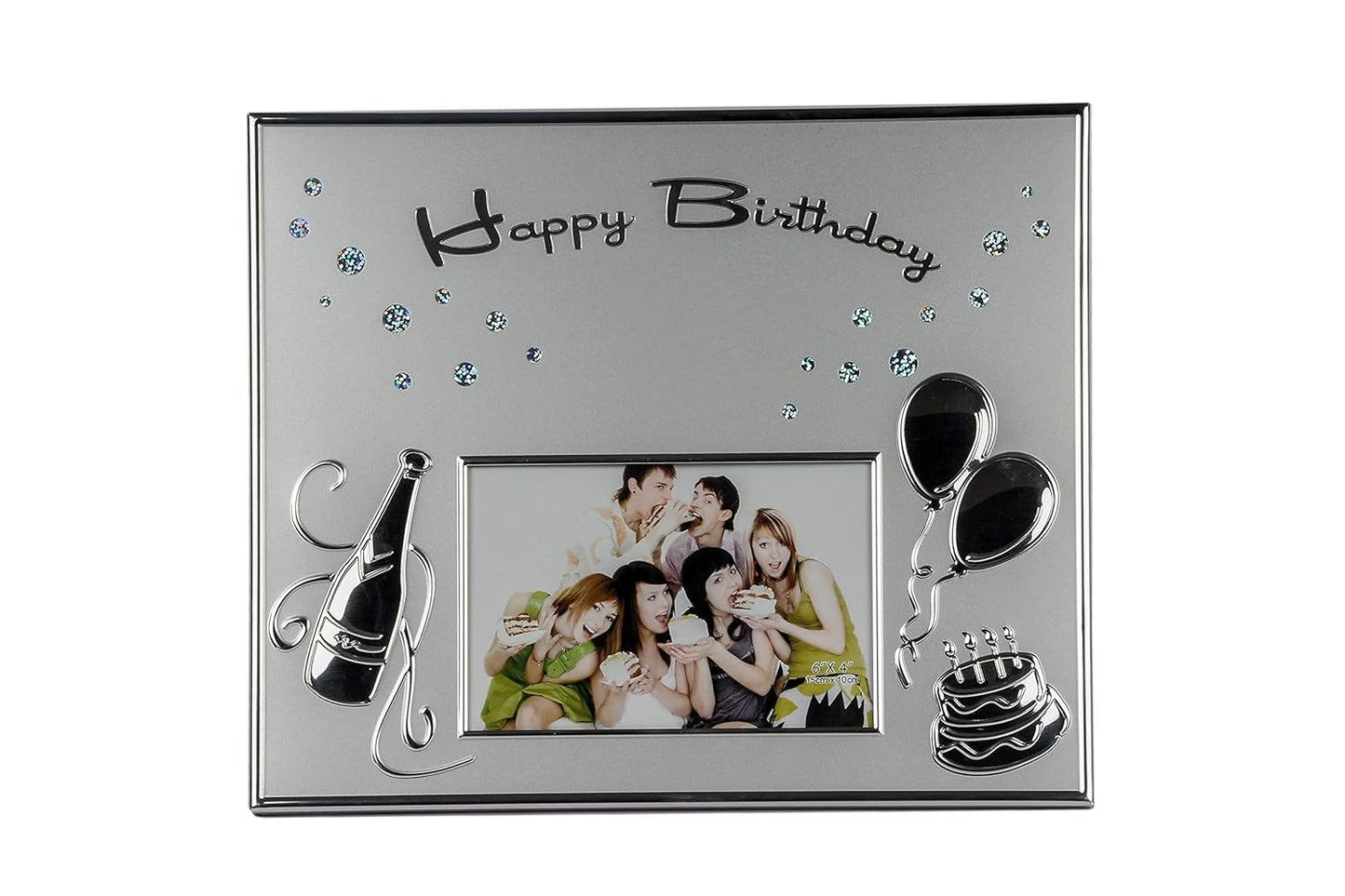Momentz Happy Birthday Silver Photo Frame 6x4 Inch | Decorative Birthday Picture Frame with Balloon & Cake Design