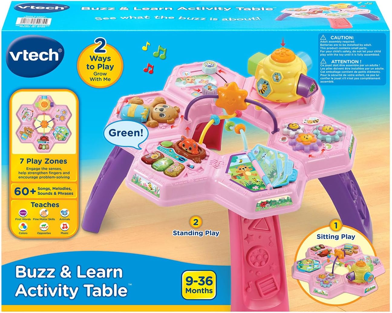 VTech Buzz and Learn Activity Table | Interactive Learning Activity Center with 7 Play Zones, Lights, Sounds & Music | Pink