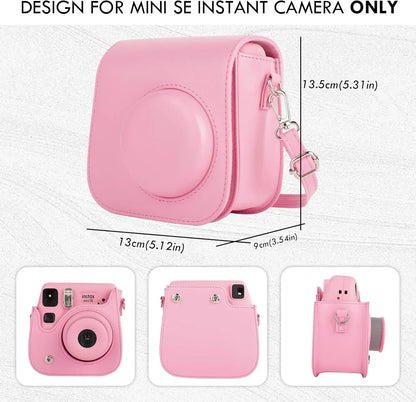 PU Leather Camera Case for Instax Mini SE – Protective Pouch with Adjustable Shoulder Strap - Pink - Jaiman Toys