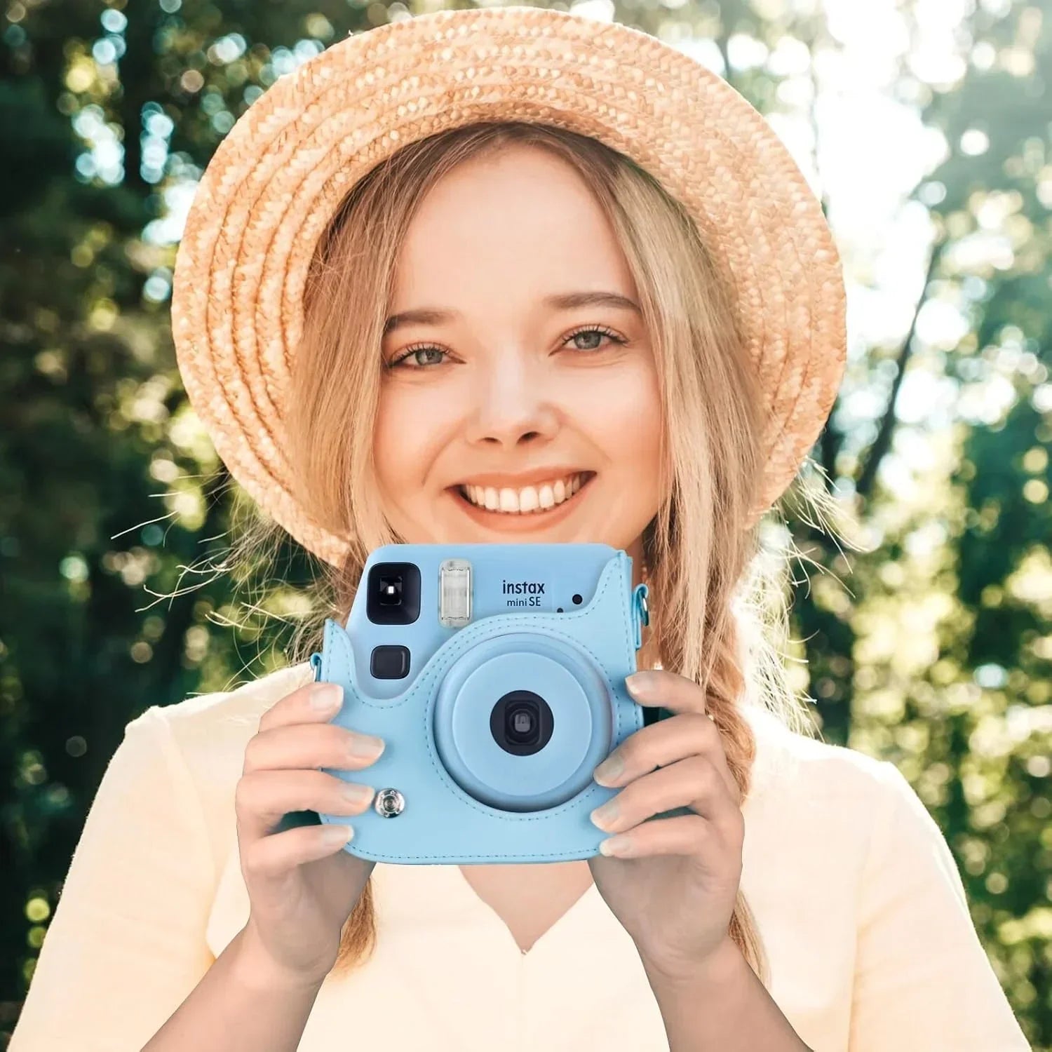 PU Leather Camera Case for Instax Mini SE – Protective Pouch with Adjustable Shoulder Strap - Blue - Jaiman Toys