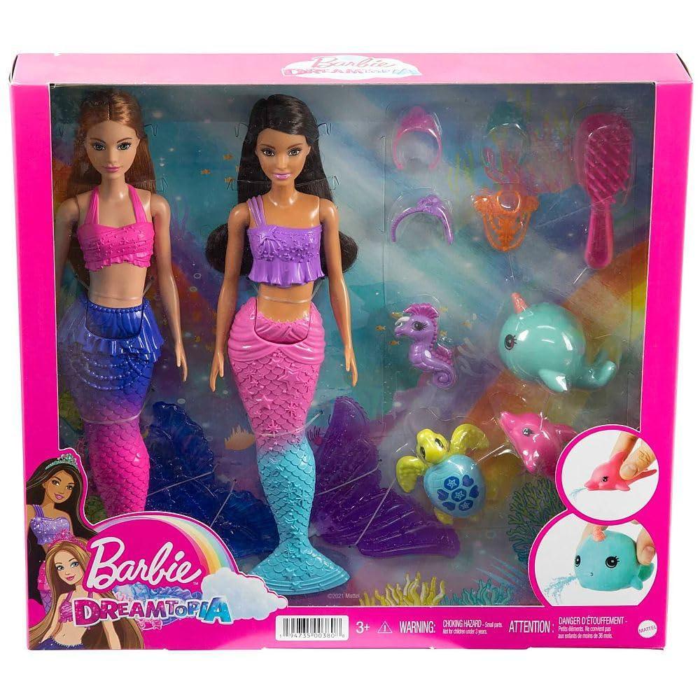 Barbie Mermaid Set with 2 Brunette Dolls (12-in/30.40-cm), Colorful Mermaid Clothes, 4 Sea Pet Toys, 2 Tiaras, Headband, Necklace & Brush, Toy Gift for Ages 3 Years Old & Up - Jaiman Toys