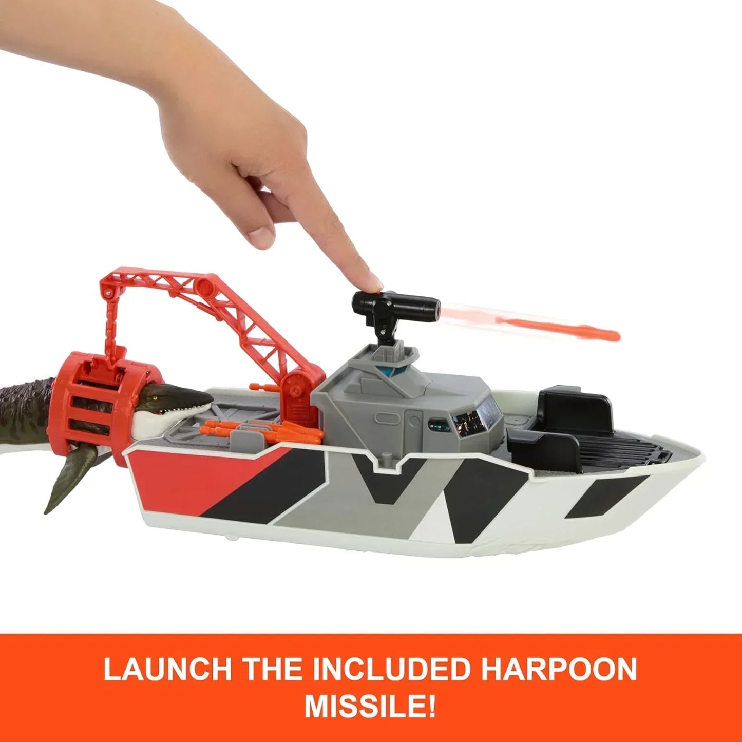 Matchbox JGG61 Jurassic World Jurassic World Playset with 12.5" Boat with 13" Mosasaurus 1:64 Scale Die-Cast Jeeps, Harpoon Missiles and Removable Rescue Boat