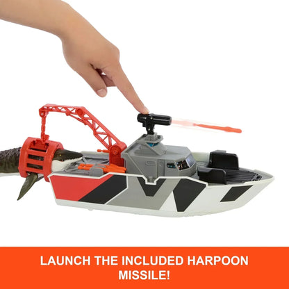Matchbox JGG61 Jurassic World Jurassic World Playset with 12.5" Boat with 13" Mosasaurus 1:64 Scale Die-Cast Jeeps, Harpoon Missiles and Removable Rescue Boat