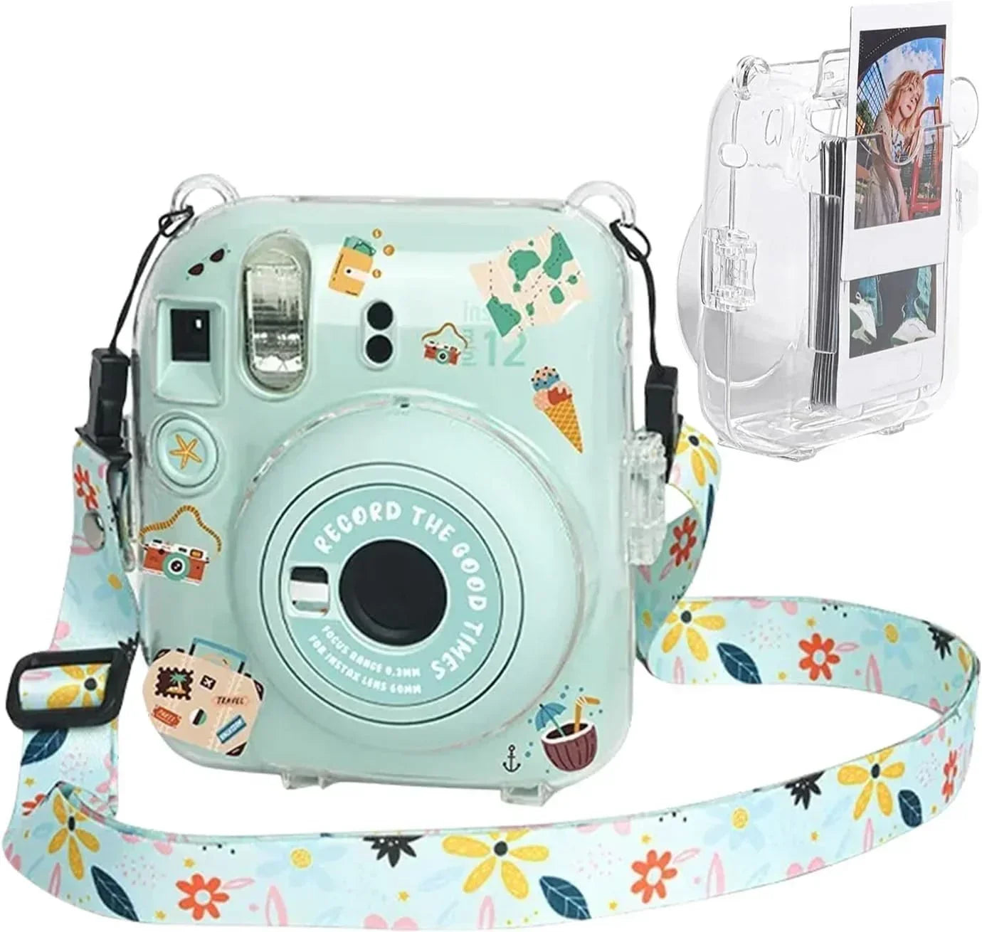Camera Case for Fujifilm Instax Mini 12 (Crystel Clear ) + Adjustable Rainbow Strap and Photo Pocket in Back + Case Decorative Stickers - Mint Green - Jaiman Toys