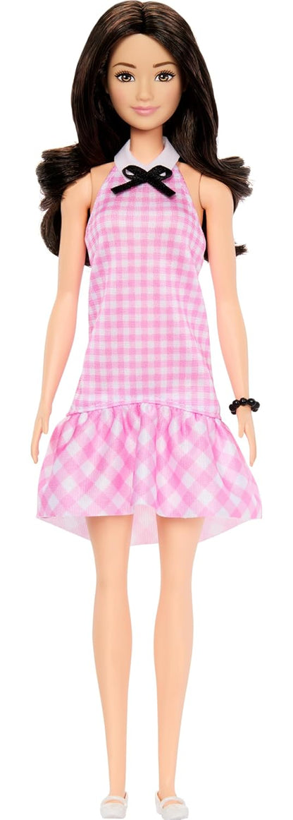 Barbie Fashionistas Doll #224 – 65th Anniversary Collectible with Black Wavy Hair & Pink Gingham Dress