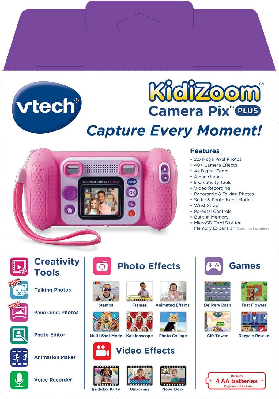 VTech KidiZoom Camera Pix Plus, Pink | Kids Digital Camera with 4X Digital Zoom, Selfie Mode, HD Photos & Videos, Voice Recorder, Games & Expandable Memory