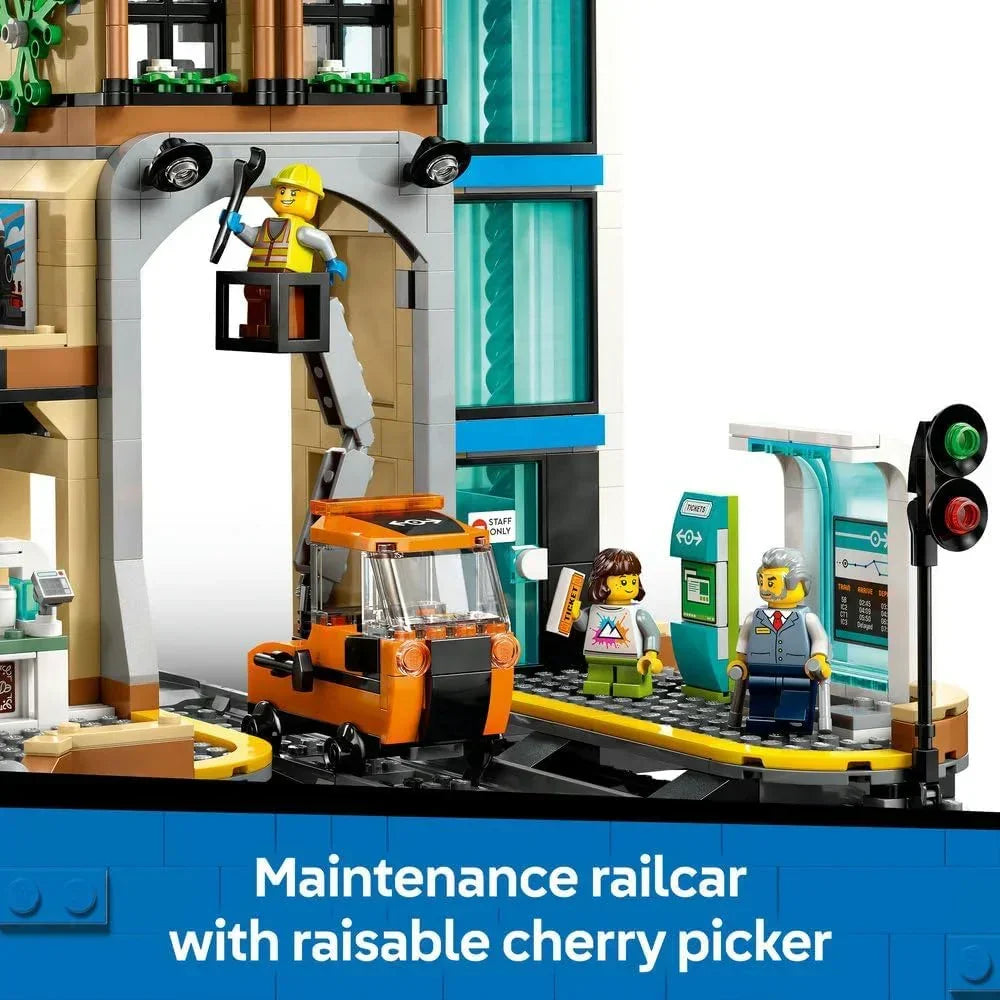 LEGO City 60469  Central Train Station Set with a Maintenance Vehicle Toy, Working Lift, Ticket Machine, 2 Platforms & a Track Piece, plus 6 Minifigures - Gift for 7+ Year Old Boys & Girls
