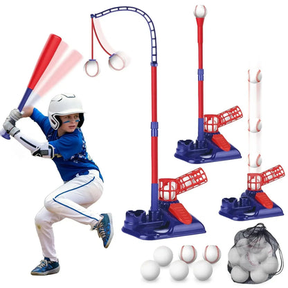 3-in-1 Kids Baseball Set – Tee Stand, Hanging Tee & Ball Launcher with 6 Balls | Adjustable Height Outdoor Game (Ages 3–12) - Jaiman Toys