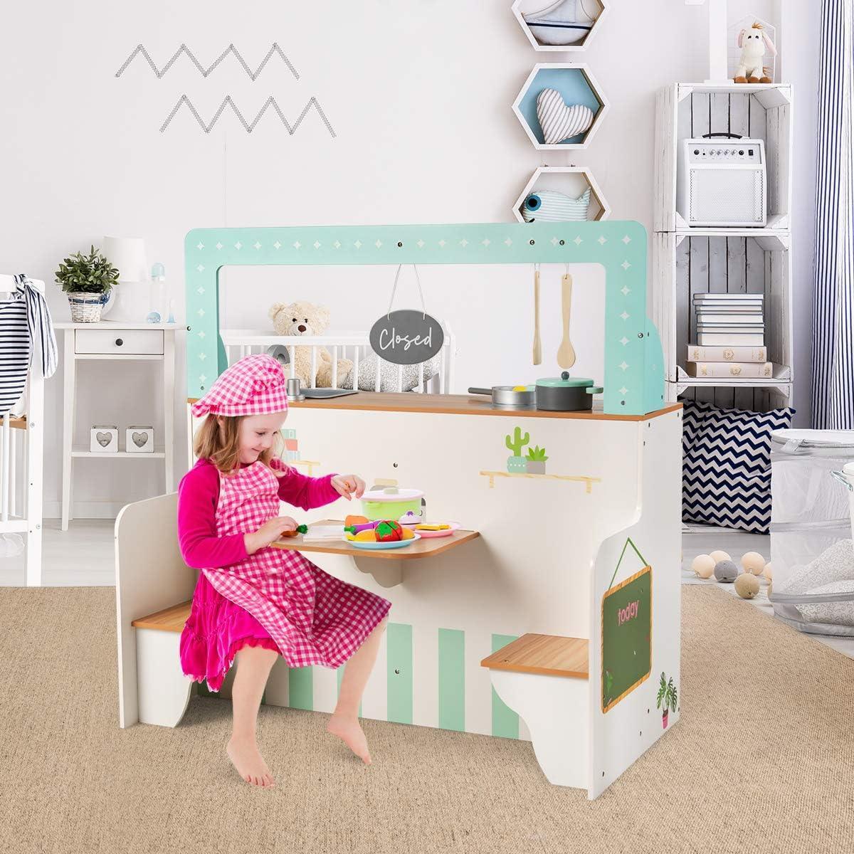 2 In 1 Kids Play Kitchen & Diner Restaurant Wooden Pretend Cooking Playset Kitchen Toys - Hw64636