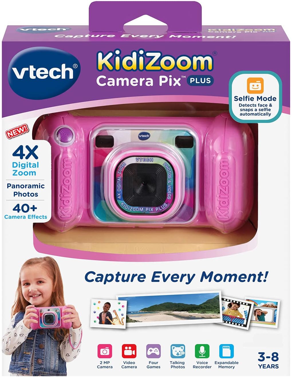 VTech KidiZoom Camera Pix Plus, Pink | Kids Digital Camera with 4X Digital Zoom, Selfie Mode, HD Photos & Videos, Voice Recorder, Games & Expandable Memory