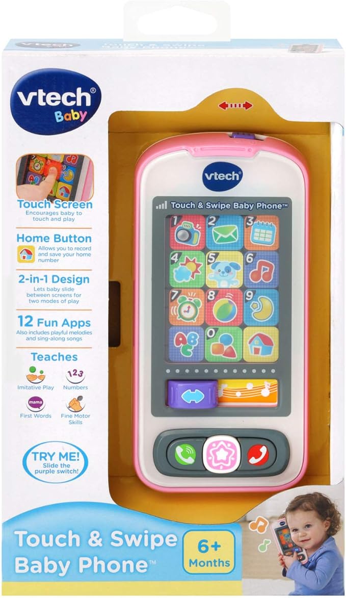 VTech Touch & Swipe Baby Phone Interactive Learning Toy with Lights, Sounds, Songs & Educational Activities | Pink