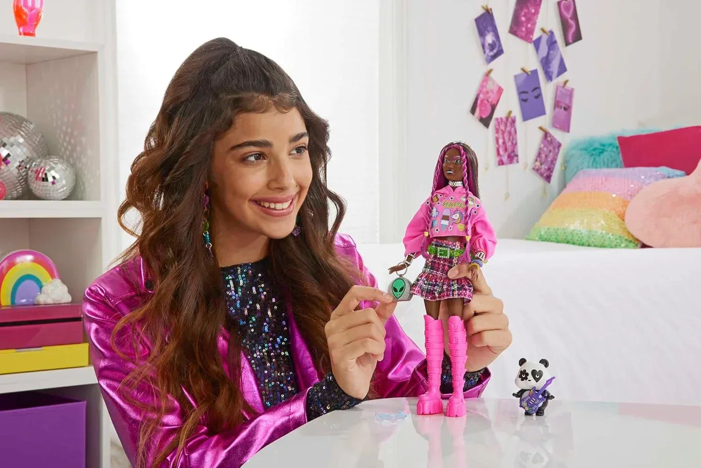 Barbie® Doll with Pet Panda, Extra, Kids Toys, Clothes and Accessories, Pink-Streaked Brunette Hair, Graphic Hoodie and Plaid Skirt - Jaiman Toys