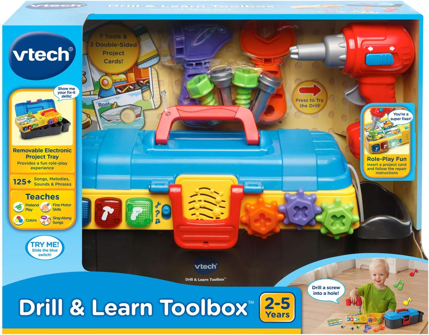 VTech Drill and Learn Toolbox | Interactive Pretend Play Tool Set with Electronic Drill, Lights, Sounds & Learning Activities for Toddlers
