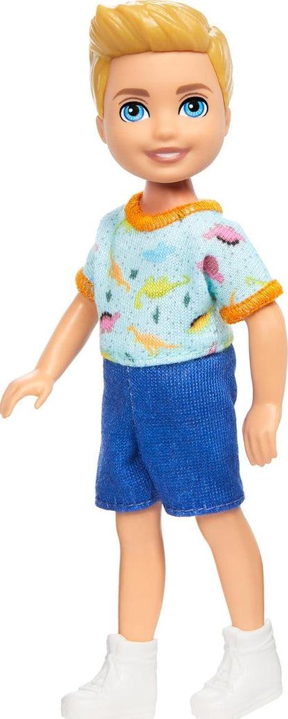 Barbie Chelsea Doll, Small Boy Doll Wearing Removable One-Piece with Dinosaur Print & White Shoes, Blond Hair & Blue Eyes - Jaiman Toys